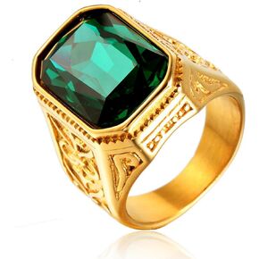 Iced out Emerald Stone Rings for Men 316 Stainless steel Rings Men's Ring Square Pattern Religion's rings Jewelry for Men rings for Heavy Metal ring Father's Day gifts Jewelry Gift for Men