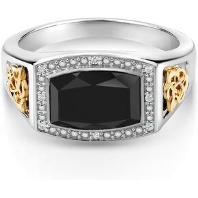 Gem Stone King Men's 925 Silver and 10K Yellow Gold Black Onyx and White Lab Grown Diamond Ring (4.51 Cttw, Emerald Cut 11X8MM, Available In Size 7, 8, 9, 10, 11, 12, 13)