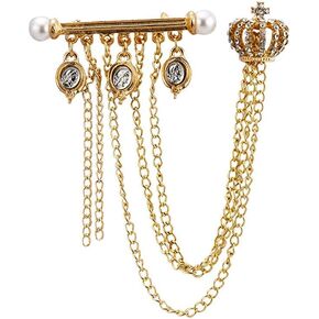 Men Gold Crown with Hanging Chains and Pearl Gold Bar Detailing Brooch Lapel Pin Costume Pin Shirt Studs Men's Accessories