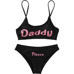 Women's 2Pcs Come Here Yes Daddy Please Printed Bikini Swimsuit Bathing Suit Padded Bra Top Panty Set Swimwear