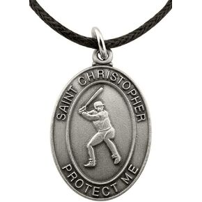Pewter Saint Christopher Baseball Medal on Cord Chain Necklace, 1 Inch