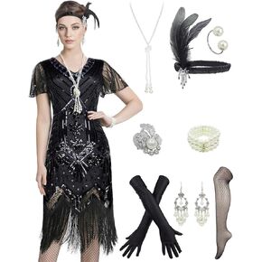 FUNDAISY Women's 1920s Flapper Dresses Sleeve Glitter Sequin Party Dresses w/ 20s Accessories set