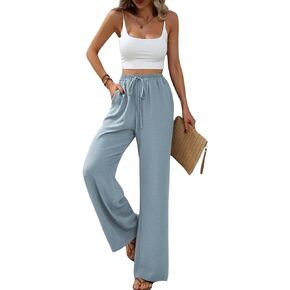 GTEUKTG Summer Women's Casual Palazzo Pants Elastic High Waisted Trendy Flowy Wide Leg Beach Trousers with Pockets
