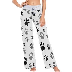 OTVEE Black Gray Dog Paw Print Pajama Pants for Women Casual Wide Leg Lounge Pajama Sleepwear