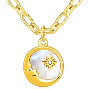 Sun and Moon Mother of Pearl Coin Matching Necklace for Couples Best Friend, Dainty Gold Paperclip Chain Disc Necklaces for Women Girls Trendy, Celestial Tarot Jewelry Gifts