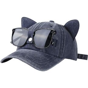 Baseball Cap Cat Ears Hat with Sunglasses,Funny Dad Hat Vintage Washed Women Men