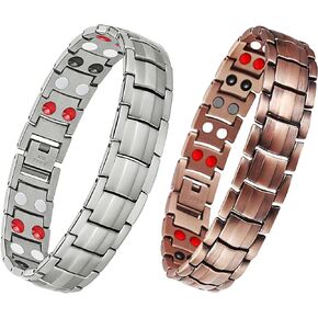 Feraco Mens Magnetic Bracelet Titanium Steel Magnetic Bracelet with Double Row 4 Elements Magnets - Copper Bracelet for Men 4 Elements Magnetic Bracelets