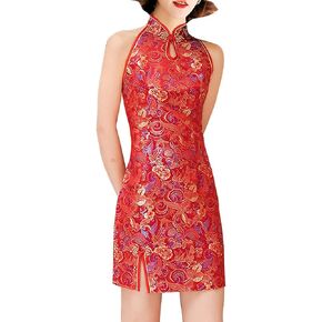 Vintage Cheongsam Costume Short Sleeve Side Slit Floral Print Mandarin Collar Chinese Evening Mini Bodycon Cocktail Outfit