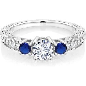 925 Sterling Silver 3-Stone Ring Forever Brilliant Round 1.67cttw Engagement Ring Moissanite by Charles & Colvard and Created Sapphire