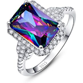 Merthus 8x12mm Emerald Shape Simulated Mystic Rainbow Topaz 925 Sterling Silver CZ Halo Engagement Ring for Women