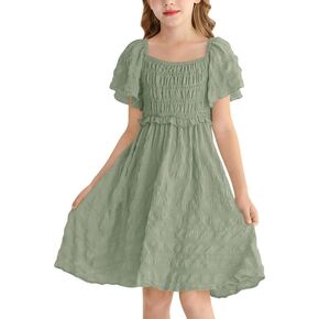 BesserBay Summer Girls Square Neck Smocked Short Sleeve Solid Midi Dress 5-14 Years