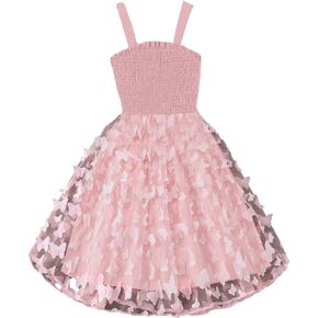 WDIRARA Girl's Butterfly Appliques Sleeveless Shirred Mesh Flared A Line Cami Dress