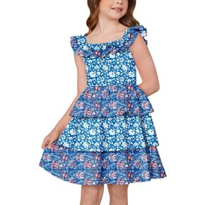 BesserBay Girls Summer Sleeveless 3 Layered Ruffle Floral Dress 4-12 Years