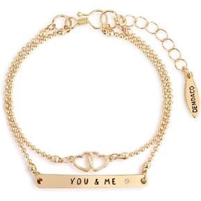 DEMDACO Double Heart You & Me, Gold Tone 7 Inch Plus Extension Metal/CZ Everyday Fashion Layered Bracelet