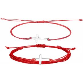 COLORFUL BLING 2Pcs Cross Bracelet for Women Handmade Braided Adjustable Friendship Matching Couple Strand Sideways Bracelets Kabbalah Lucky Prayer Christian Jewelry