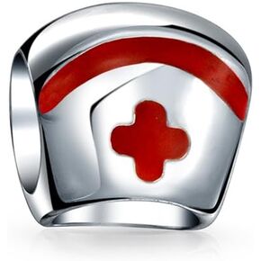 Nurse Nursing RN Nurst Hat Cap Registered Caduceus Cross Shape Dangle Charm Bead For Women Graduate Enamel .925 Sterling Silver Fits European Bracelet