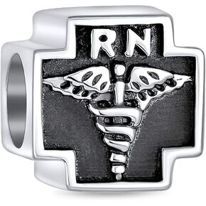 Nurse Nursing RN Nurst Hat Cap Registered Caduceus Cross Shape Dangle Charm Bead For Women Graduate Enamel .925 Sterling Silver Fits European Bracelet