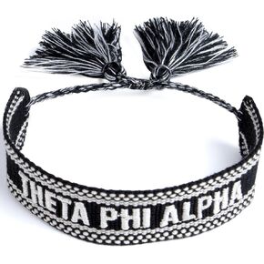 Sorority Shop Theta Phi Alpha Bracelet — Woven Bracelet, Black and White Design with TPA Sorority Name and Tassels, Greek Sorority Jewelry and Big Little Sorority Gifts