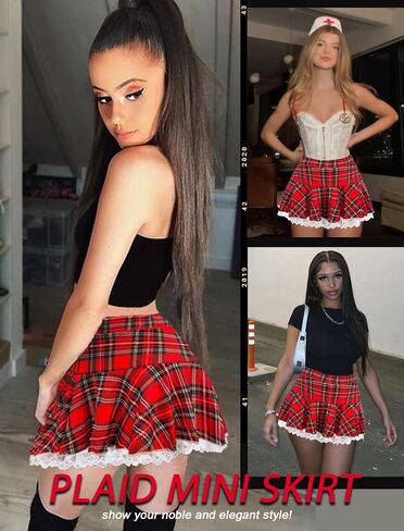 Avidlove Women Mini Skirt Sexy Ruffle Short Skirt Role Play Lingerie Skirt(Red Plaid,XL) in Saudi Arabia