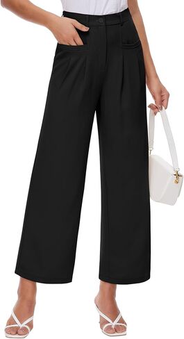 سروال Genhoo واسع الساق للنساء، بنطلون كاجوال للعمل عالي الخصر، بخصر مطاطي في الخلف، سروال Palazzo in Kuwait