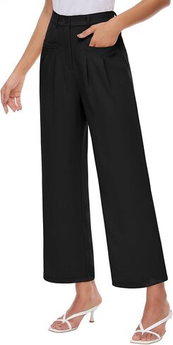 سروال Genhoo واسع الساق للنساء، بنطلون كاجوال للعمل عالي الخصر، بخصر مطاطي في الخلف، سروال Palazzo in Kuwait