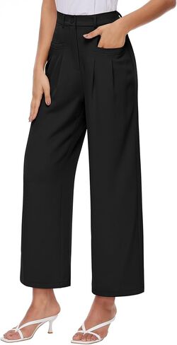 سروال Genhoo واسع الساق للنساء، بنطلون كاجوال للعمل عالي الخصر، بخصر مطاطي في الخلف، سروال Palazzo in Kuwait