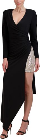 BCBGMAXAZRIA Women's Long Sleeve Overlay Midi Dress with Asymmetrical Hem in Saudi Arabia