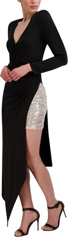 BCBGMAXAZRIA Women's Long Sleeve Overlay Midi Dress with Asymmetrical Hem in Saudi Arabia