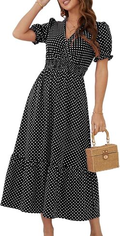 Herou Women's Summer Boho V Neck Short Puff Sleeve High Waist Flowy Ruffle Hem Long Maxi Dress in Saudi Arabia