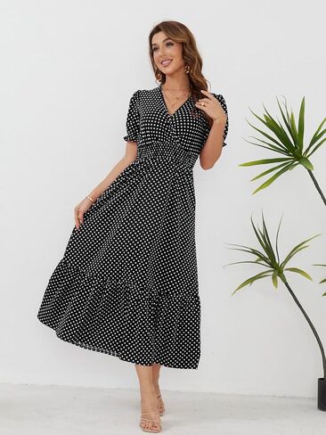 Herou Women's Summer Boho V Neck Short Puff Sleeve High Waist Flowy Ruffle Hem Long Maxi Dress in Saudi Arabia