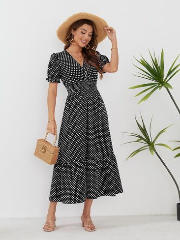 Herou Women's Summer Boho V Neck Short Puff Sleeve High Waist Flowy Ruffle Hem Long Maxi Dress in Saudi Arabia