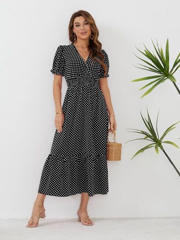 Herou Women's Summer Boho V Neck Short Puff Sleeve High Waist Flowy Ruffle Hem Long Maxi Dress in Saudi Arabia