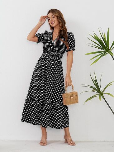 Herou Women's Summer Boho V Neck Short Puff Sleeve High Waist Flowy Ruffle Hem Long Maxi Dress in Saudi Arabia