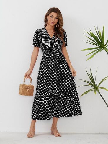Herou Women's Summer Boho V Neck Short Puff Sleeve High Waist Flowy Ruffle Hem Long Maxi Dress in Saudi Arabia