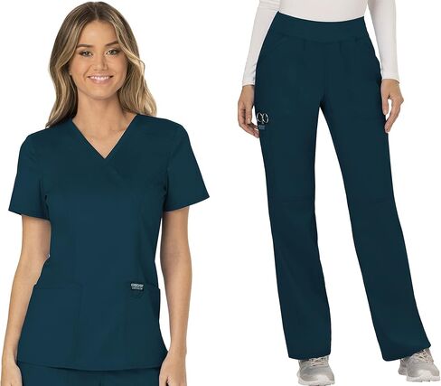 Cherokee Scrub Set For Women, Modern Classic Fit Mock Wrap Top WW610 With Mid Rise, Straight Leg Pant WW110, Caribbean Blue- M Top/M Petite Pant in Saudi Arabia