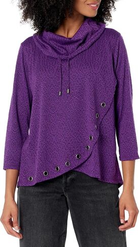 MULTIPLES Women's Petite Three Quarters Sleeve Drawstring Cowl Collar Wrap Front Hi-lo Top with Embellishment in Saudi Arabia