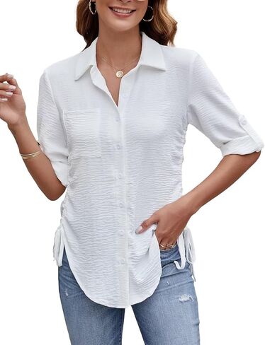CiCiBird Women Casual Button Down Dress Shirt 3/4 Sleeve Drawstring Tops Collared Work Blouse with Pockets in Kuwait