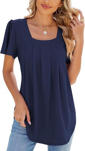 HOCOSIT Womens Summer Tunic Tops Casual Square Neck Ruffle Short Sleeve Loose T Shirts Blouses 2024 in Saudi Arabia