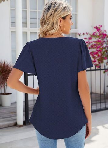 HOCOSIT Womens Summer Tunic Tops Casual Square Neck Ruffle Short Sleeve Loose T Shirts Blouses 2024 in Saudi Arabia