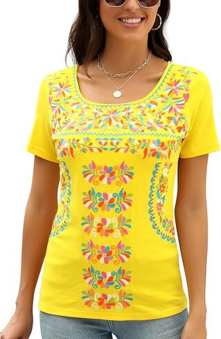 Mexican Shirts for Women Floral Embroidered Tops Short Sleeve Blouses Women's Traditional Fiesta Tees Tunic Peasant in Saudi Arabia