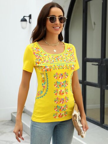 Mexican Shirts for Women Floral Embroidered Tops Short Sleeve Blouses Women's Traditional Fiesta Tees Tunic Peasant in Saudi Arabia