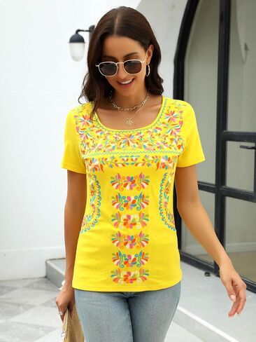 Mexican Shirts for Women Floral Embroidered Tops Short Sleeve Blouses Women's Traditional Fiesta Tees Tunic Peasant in Saudi Arabia