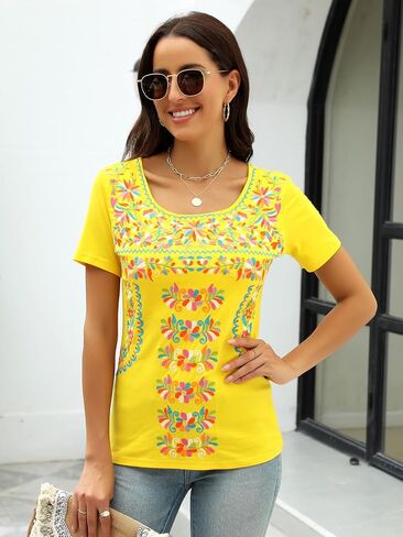 Mexican Shirts for Women Floral Embroidered Tops Short Sleeve Blouses Women's Traditional Fiesta Tees Tunic Peasant in Saudi Arabia