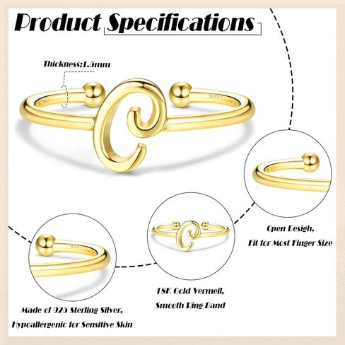 ميلاكولاتو خواتم من الفضة الاسترلينية عيار 925 للنساء مطلية بالذهب عيار 18 قيراط قابلة للتعديل بتصميم حرف ابجدي مفتوح قابل للتكديس من A-Z للفتيات المراهقات in Kuwait