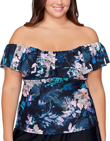 Island Escape Women's Plus Size La Flor Floral-Print Underwire Ruffled Off The Shoulder Tankini Top Black 20W in Saudi Arabia