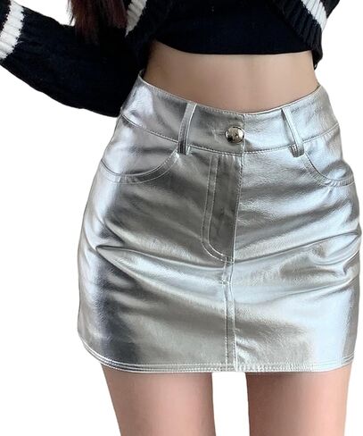تنورة نسائية قصيرة ضيقة باللون الفضي المعدني، تنورة قصيرة مثيرة من جلد البولي يوريثان بخصر عالٍ وقابلة للتمدد لمهرجان الهذيان in Kuwait