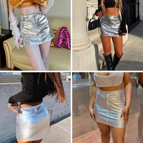 تنورة نسائية قصيرة ضيقة باللون الفضي المعدني، تنورة قصيرة مثيرة من جلد البولي يوريثان بخصر عالٍ وقابلة للتمدد لمهرجان الهذيان in Kuwait