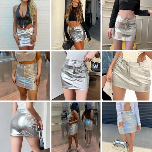 تنورة نسائية قصيرة ضيقة باللون الفضي المعدني، تنورة قصيرة مثيرة من جلد البولي يوريثان بخصر عالٍ وقابلة للتمدد لمهرجان الهذيان in Kuwait