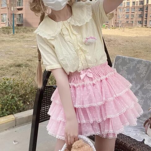 SOLILOQUY Women's Lolita Kawaii Mini Skirts Elastic Waist Tiered Ruffle Mini Skirts/Skort Japanese Korean Cute Sweet Skirt in Saudi Arabia