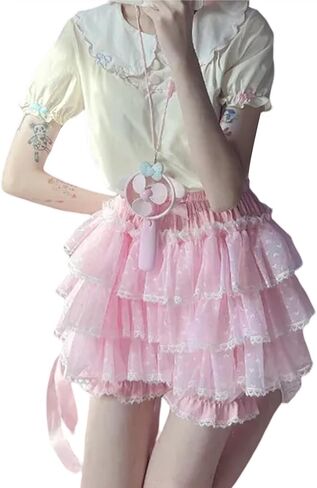 SOLILOQUY Women's Lolita Kawaii Mini Skirts Elastic Waist Tiered Ruffle Mini Skirts/Skort Japanese Korean Cute Sweet Skirt in Saudi Arabia